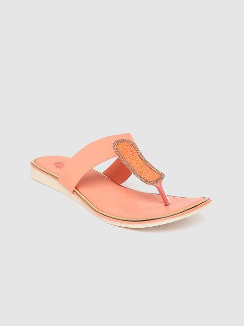 

Padvesh Women Peach-Coloured Solid T-Strap Flats with Embellished Detail