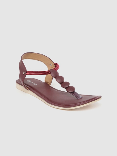 

Padvesh Women Burgundy Solid T-Strap Flats with Button Detail
