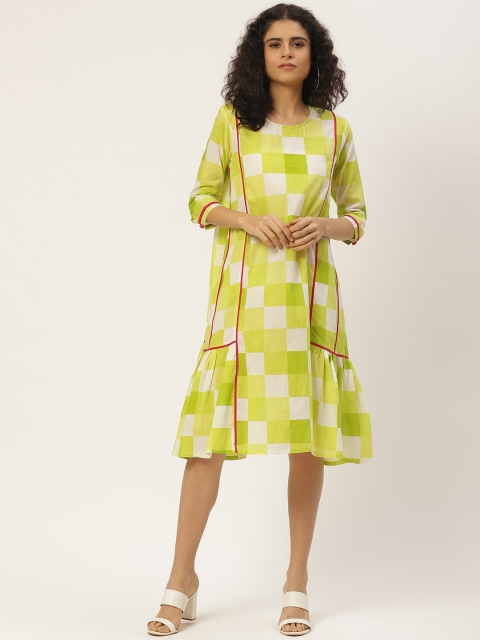 

Maaesa Women Lime Green & White Checked A-Line Dress