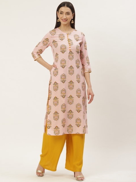 

Maaesa Women Pink & Green Printed Straight Kurta