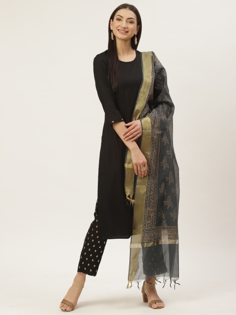 

Maaesa Women Black & Golden Solid Kurta with Printed Trousers & Dupatta