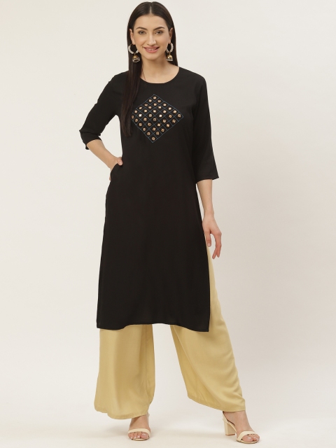 

Maaesa Women Black Embroidered Yoke Design Straight Kurta