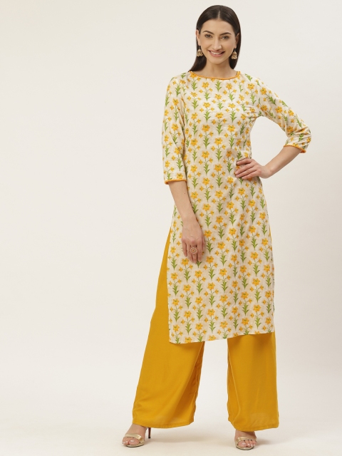

Maaesa Women Off-White & Mustard Yellow Printed Straight Kurta