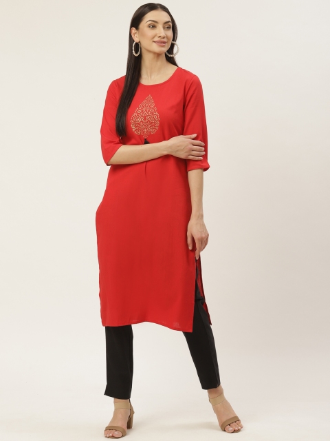 

Maaesa Women Red & Golden Block Print Yoke Design Straight Kurta