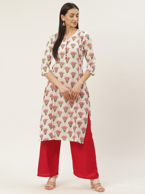 

Maaesa Women White & Pink Printed Straight Kurta
