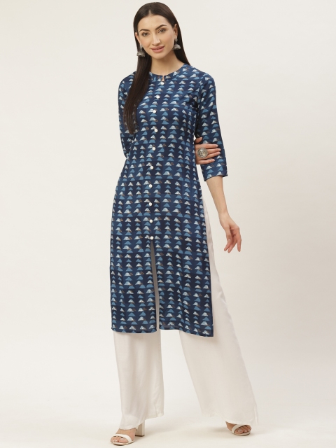 

Maaesa Women Blue & White Printed Straight Kurta