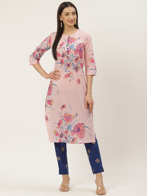 

Maaesa Women Pink & Blue Floral Printed Kurta with Trousers