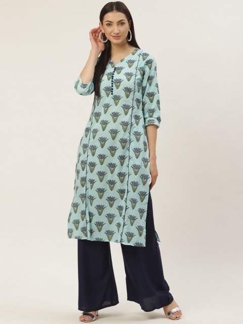 

Maaesa Women Blue & Green Printed Straight Kurta