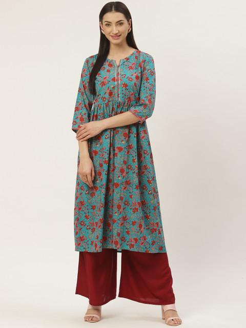 

Maaesa Women Blue & Red Floral Print Anarkali Kurta