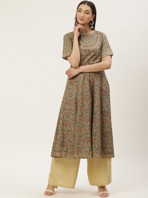 

Maaesa Women Olive Green & Golden Floral Print Anarkali Kurta