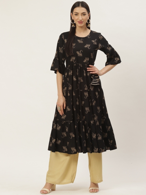 

Maaesa Women Black & Golden Printed Anarkali Kurta