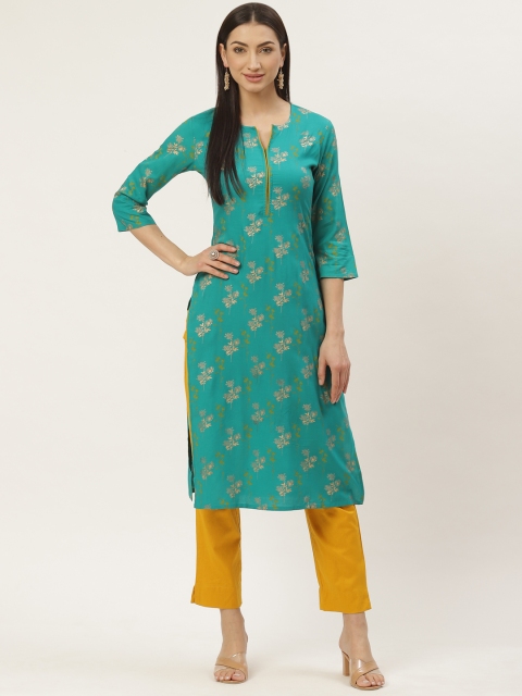 

Maaesa Women Green & Mustard Yellow Printed Kurta with Trousers