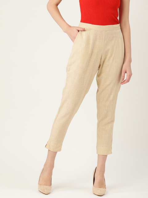 

Maaesa Women Beige Regular Fit Solid Crop Cigarette Trousers