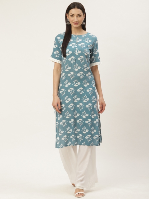 

Maaesa Women Blue & White Printed Straight Kurta