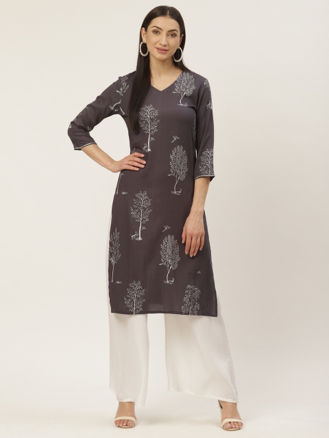 

Maaesa Women Charcoal Grey & Silver Printed Straight Kurta