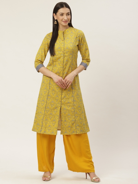 

Maaesa Women Mustard Yellow & Grey Printed A-Line Kurta