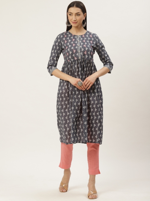 

Maaesa Women Navy Blue & Pink Printed Kurta with Trousers