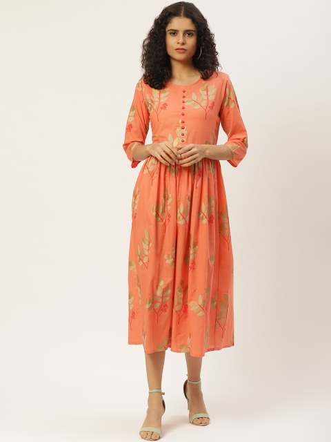 

Maaesa Women Coral Orange & Golden Printed A-Line Dress