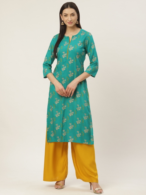 

Maaesa Women Green & Golden Printed Straight Kurta