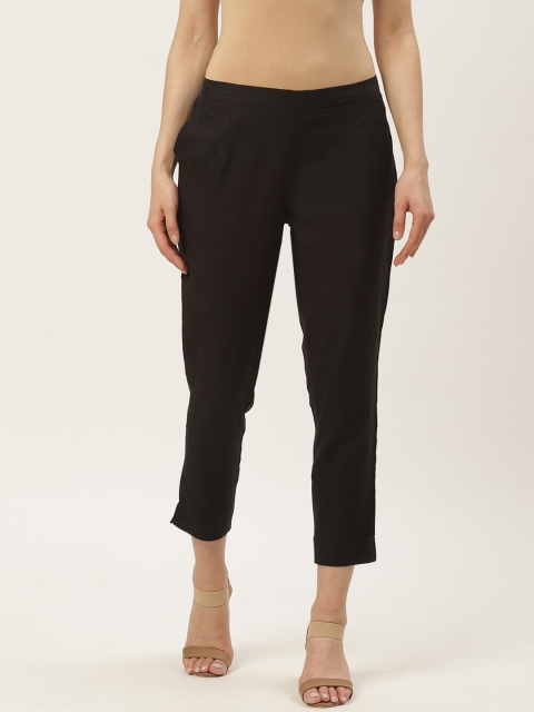 

Maaesa Women Black Regular Fit Solid Cigarette Cropped Trousers