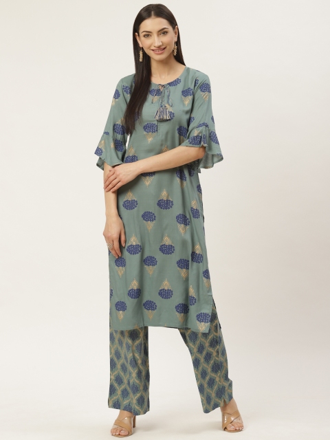 

Maaesa Women Green & Blue Printed Kurta with Palazzos