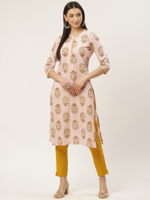 

Maaesa Women Pink & Mustard Yellow Printed Kurta with Trousers