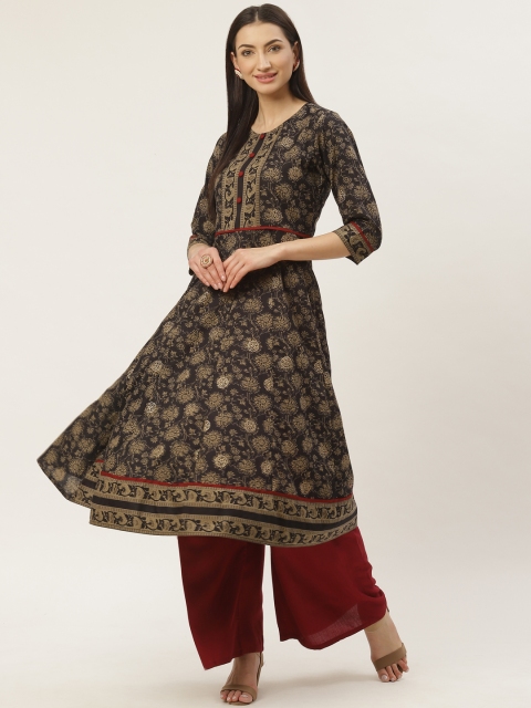 

Maaesa Women Black & Beige Printed Anarkali Kurta