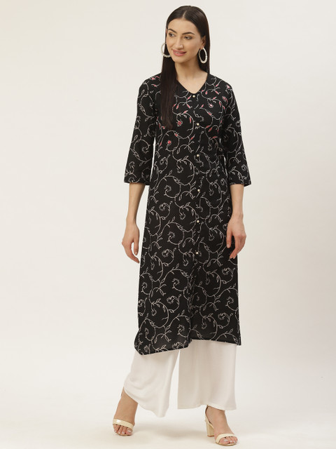 

Maaesa Women Black & Grey Printed A-Line Kurta