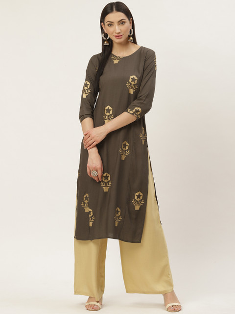 

Maaesa Women Charcoal Grey & Golden Printed Straight Kurta