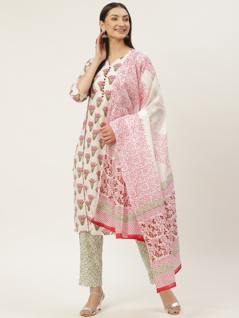 

Maaesa Women White & Pink Printed Kurta with Trousers & Dupatta