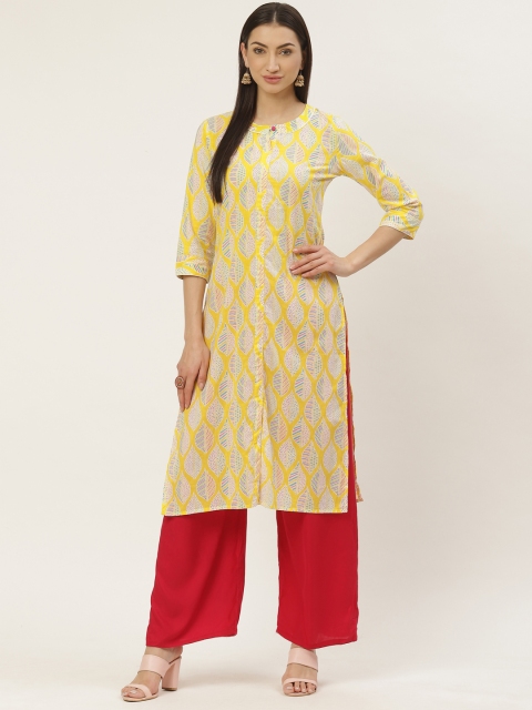 

Maaesa Women Yellow & Pink Printed Straight Kurta