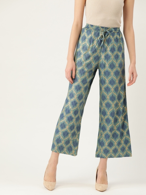 

Maaesa Women Teal Blue & Golden Ethnic Print Crop Wide Leg Palazzos