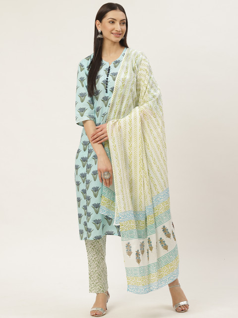 

Maaesa Women Blue & White Printed Kurta with Trousers & Dupatta