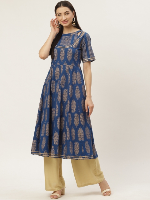

Maaesa Women Blue & Golden Printed Anarkali Kurta