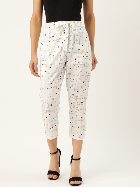 

J Style Women White & Orange Slim Fit Printed Cropped Trousers