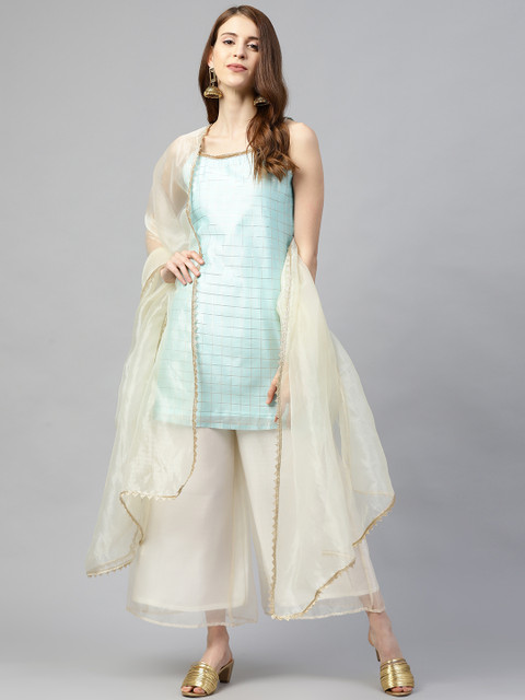 

SIAH Women Blue & Off-White Woven Design Kurta with Palazzos & Dupatta