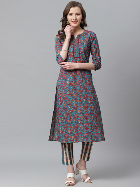 

SIAH Women Blue & Maroon Printed Kurta with Trousers