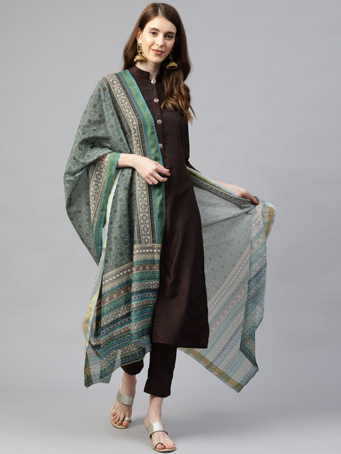 

SIAH Women Coffee Brown & Green Solid Kurta with Trousers & Dupatta