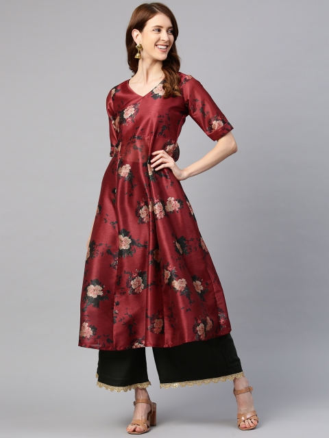 

SIAH Women Maroon & Black Floral Printed Kurta with Trousers