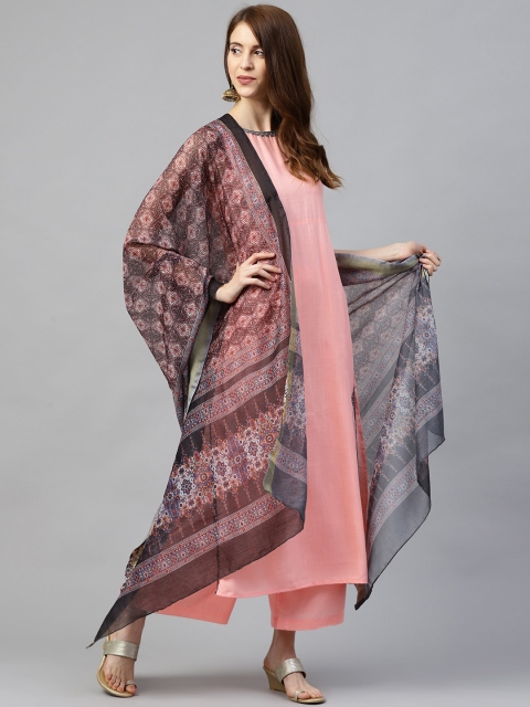 

SIAH Women Coral Pink & Black Solid Kurta with Palazzos & Dupatta