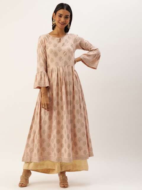 

TANKHI Women Peach-Coloured & Gold-Toned Printed A-Line Kurta