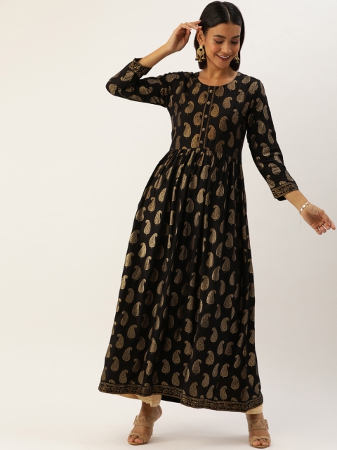 

TANKHI Women Black & Gold-Toned Printed A-Line Kurta