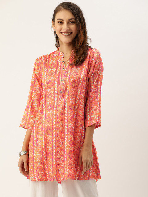 

TANKHI Women Orange & White Bandhani Printed Straight Kurti