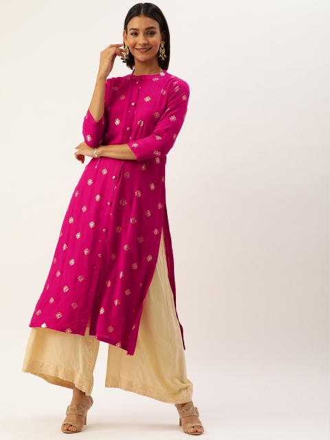 

TANKHI Women Pink & Gold-Toned Printed Straight Kurta