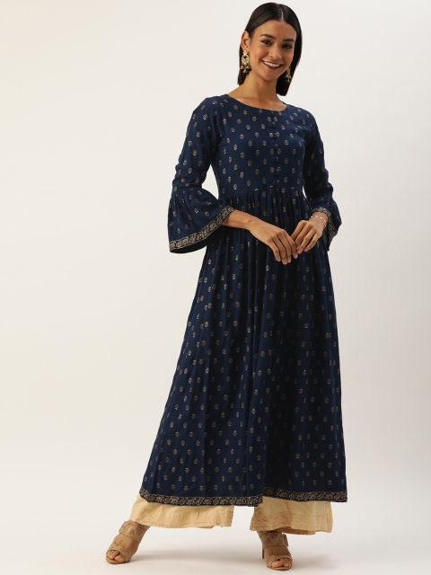 

TANKHI Women Navy Blue & Gold-Toned Printed A-Line Kurta