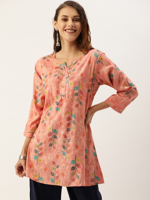 

TANKHI Women Peach-Coloured & Green Floral Printed Straight Kurti