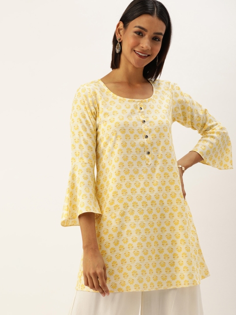 

TANKHI Women Off White & Yellow Floral Printed Straight Kurti
