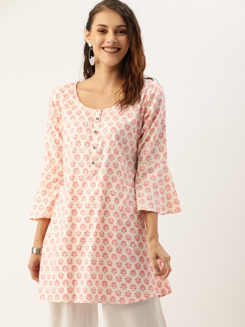 

TANKHI Women Off White & Pink Floral Printed Straight Kurti