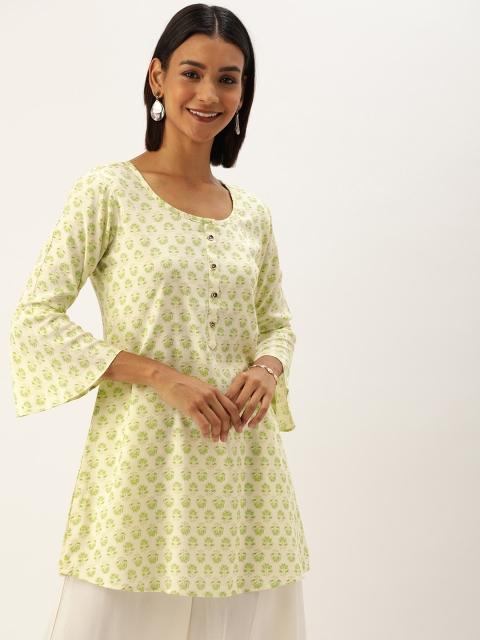 

TANKHI Women Cream-Coloured & Green Floral Printed Straight Kurti