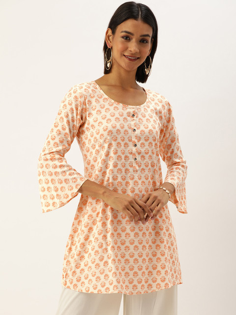 

TANKHI Women Off-White & Coral Orange Floral Printed Straight Kurti